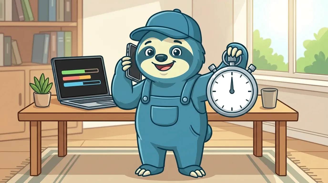 A service pro answering the phone fast, holding up a stopwatch