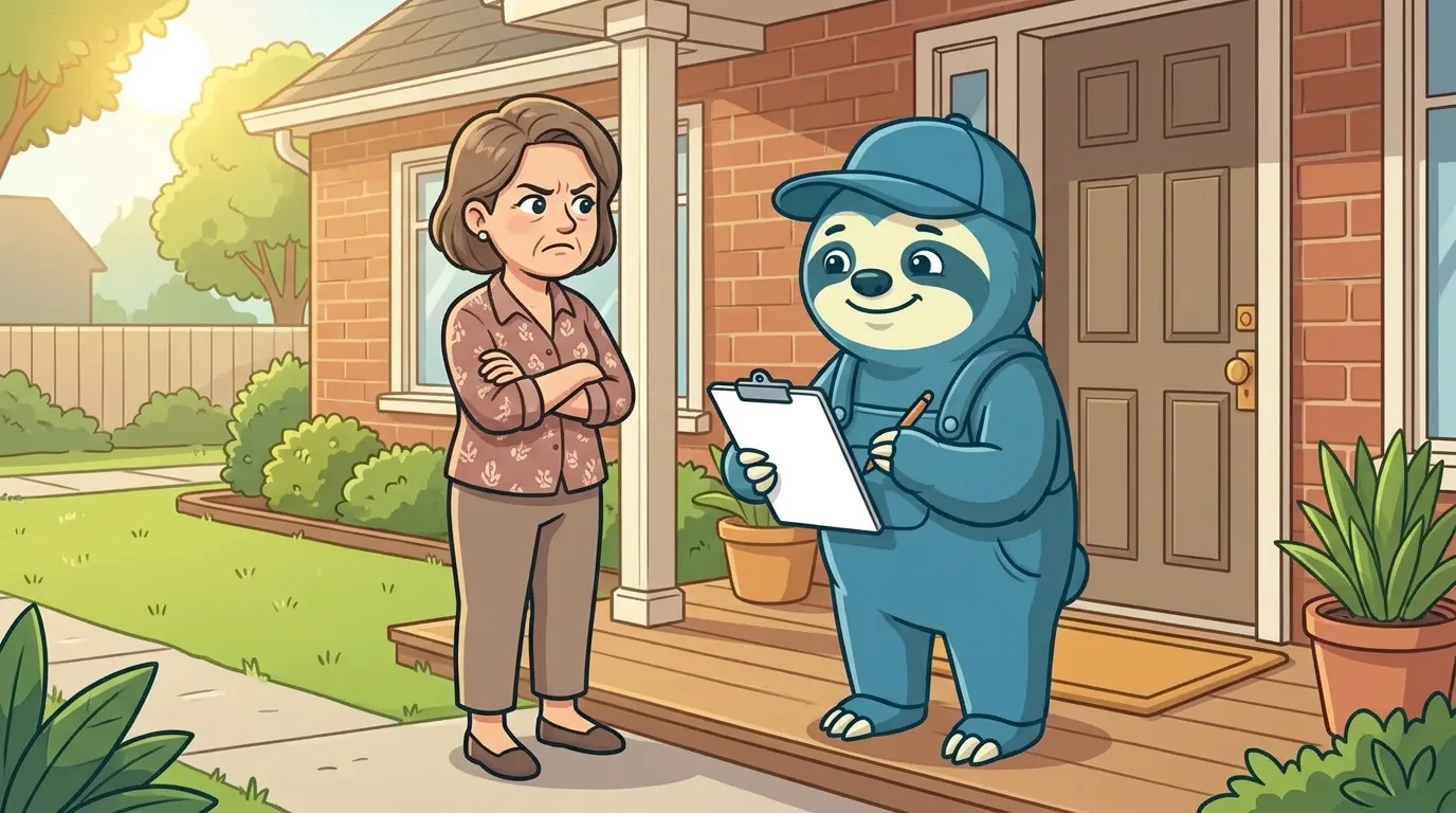 A service pro listening calmly to a frustrated homeowner on a front porch