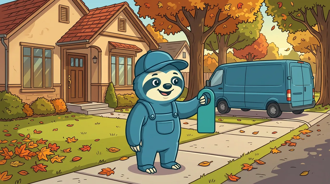 A technician walking up to a neighbour's house with a door hanger after finishing a job on the same street