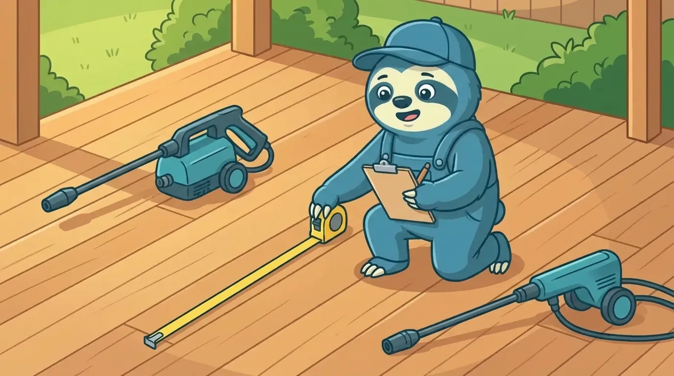 A pressure washing pro kneeling on a wooden deck with a tape measure and clipboard, measuring before quoting