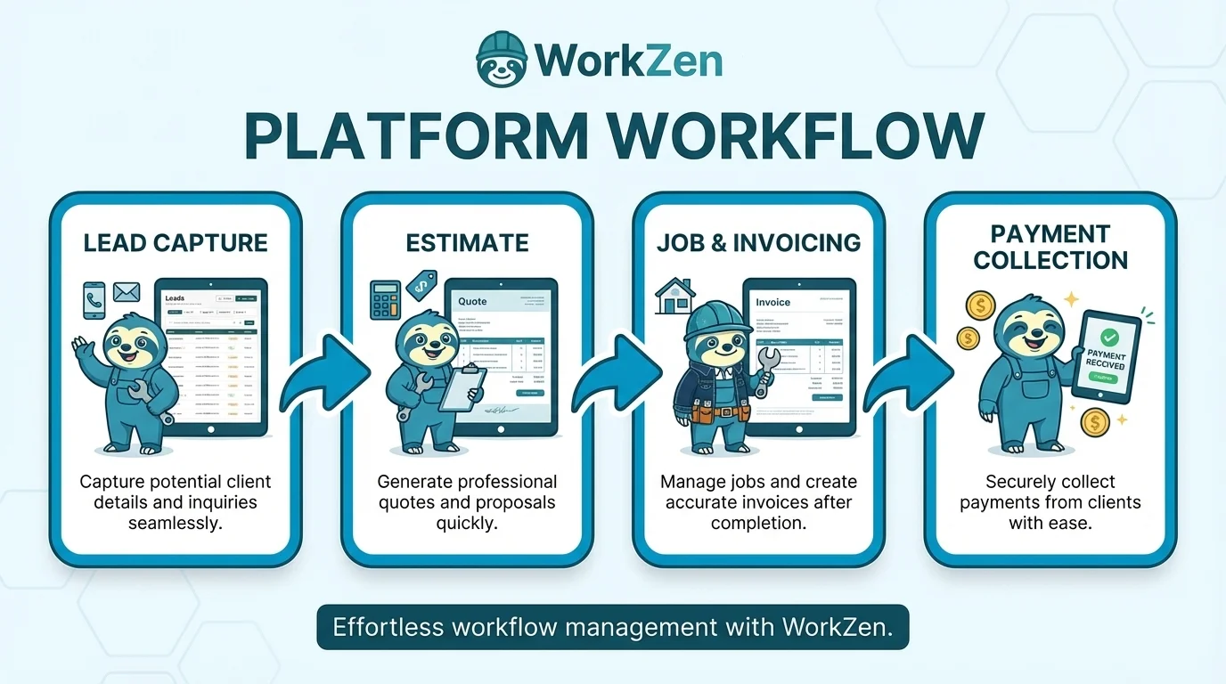 WorkZen platform workflow diagram showing four stages: Lead Capture, Estimate, Job and Invoicing, and Payment Collection for field service businesses